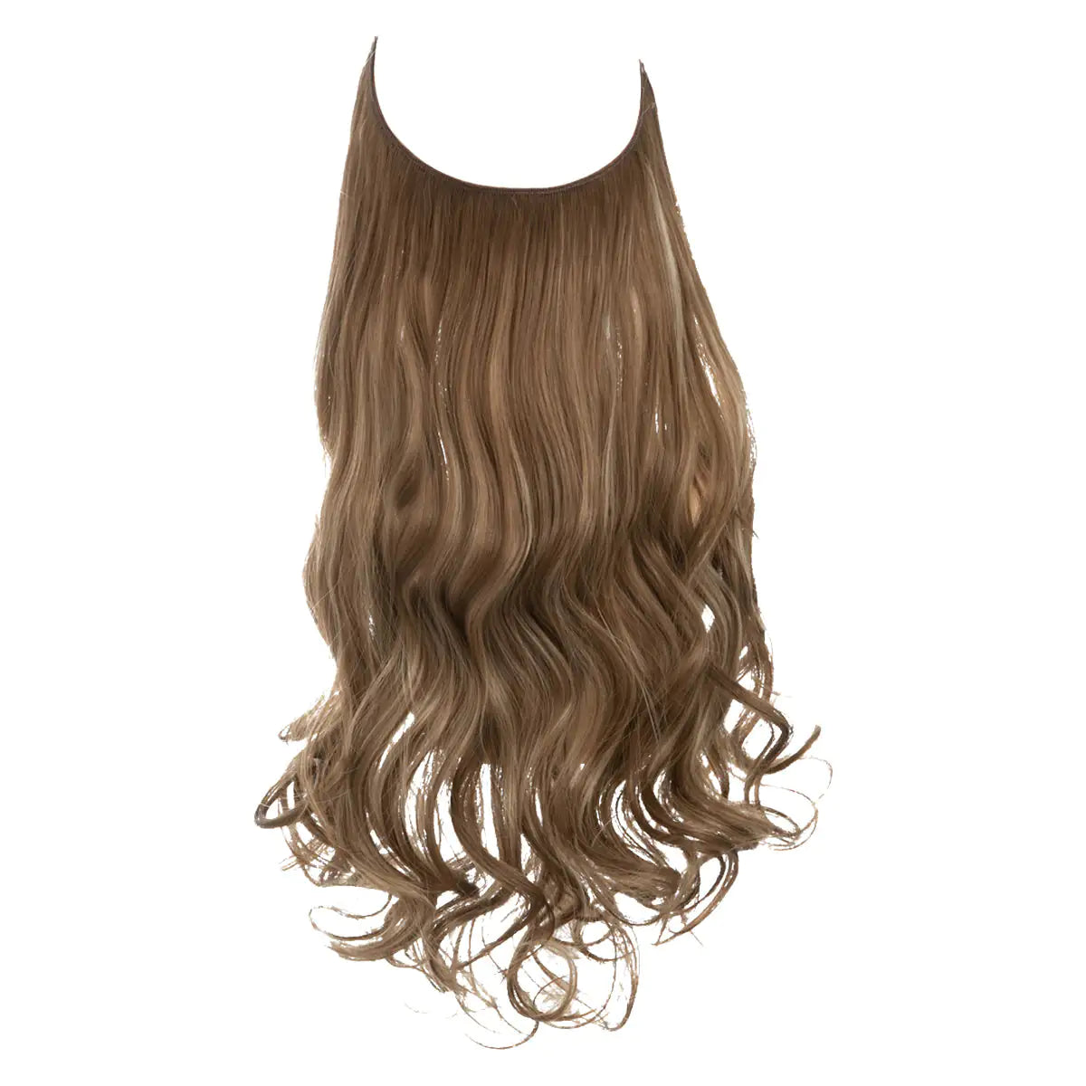 Long, wavy light-brown hair extension piece with a U-shaped opening at the top, shown against a white background.