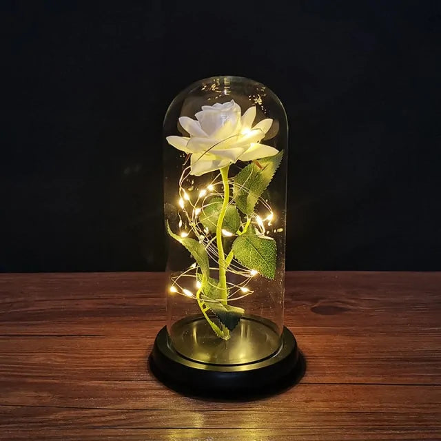 Red rose displayed under a clear glass dome on a wooden base, wrapped with warm white fairy lights and glowing on a rustic wooden surface against a dark background.