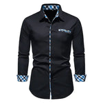 Black long-sleeve button-up shirt with blue checked trim on the collar, cuffs, placket and chest pocket.

