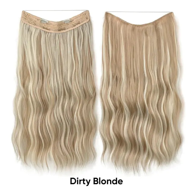 Two long wavy “halo” hair extension pieces in dirty blonde, shown front and back with a clear wire and clip attachments, on a white background with the label “Dirty Blonde.