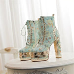 Floral Pattern Platform Ankle Boots