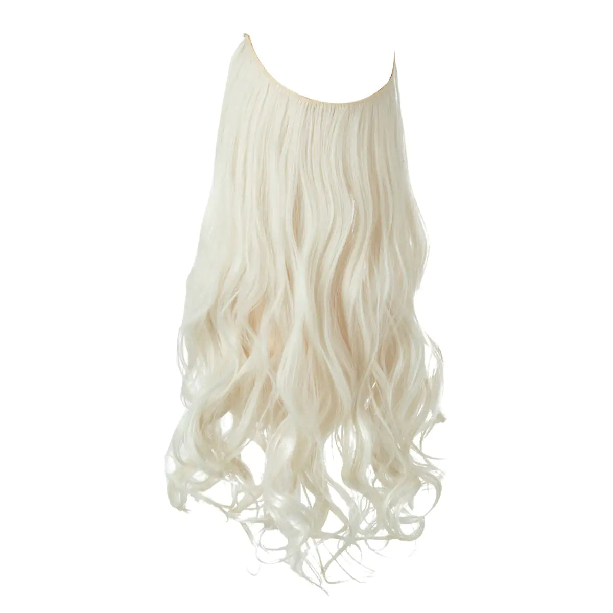 Back view of a medium-long hairpiece with white roots and light blonde highlights, attached to a round top cap, shown on a white background.