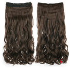Two dark brown wavy clip-in hair extension pieces shown side by side on a white background; the left piece shows the black clip band with multiple clips, and a red “6” appears in the bottom-right corner.