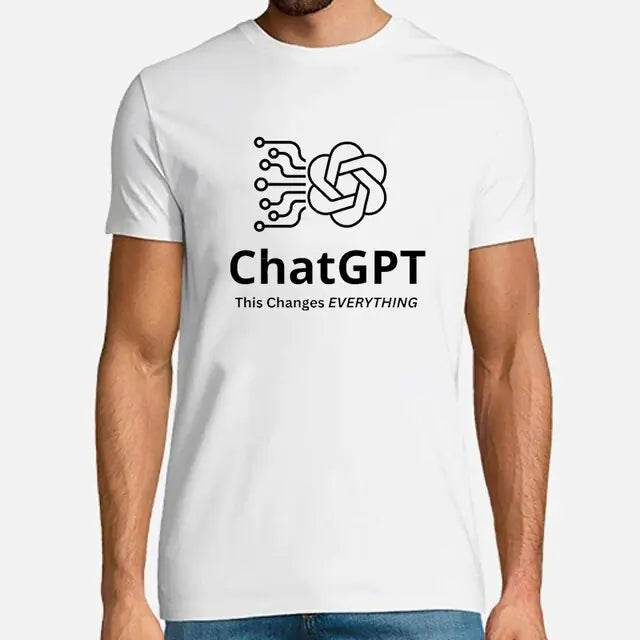 White crew neck T-shirt with a black ChatGPT logo and slogan print.