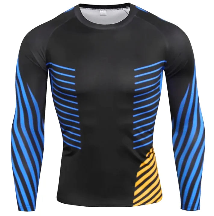A long-sleeved athletic compression shirt and sleeves. The shirt has black side panels and raglan-style sleeves, giving it a sporty and fitted design. The fabric appears to be stretchy and moisture-wicking, suitable for workouts or outdoor activities.