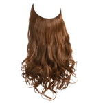 Long brown “halo” hair extension with a clear wire at the top and loose curls at the ends, shown on a white background.