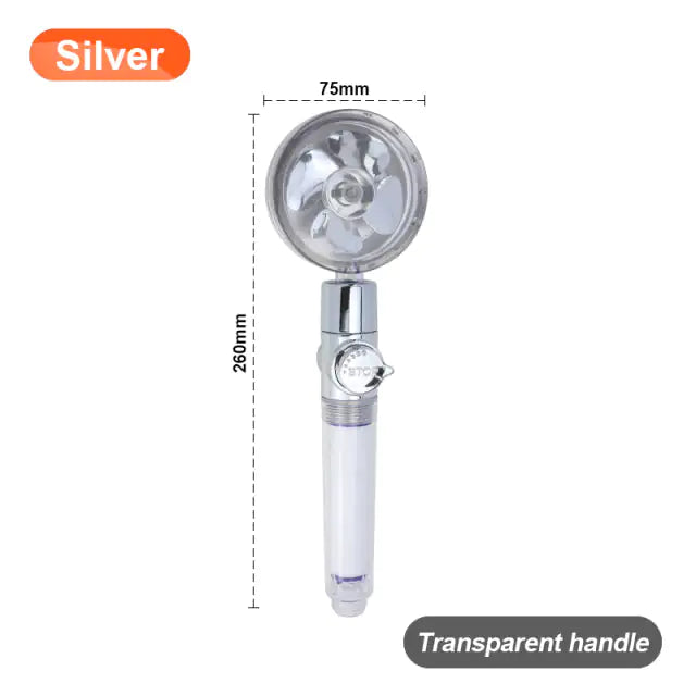 Silver handheld shower head with transparent handle, shown with 75 mm head width and 260 mm total length.
