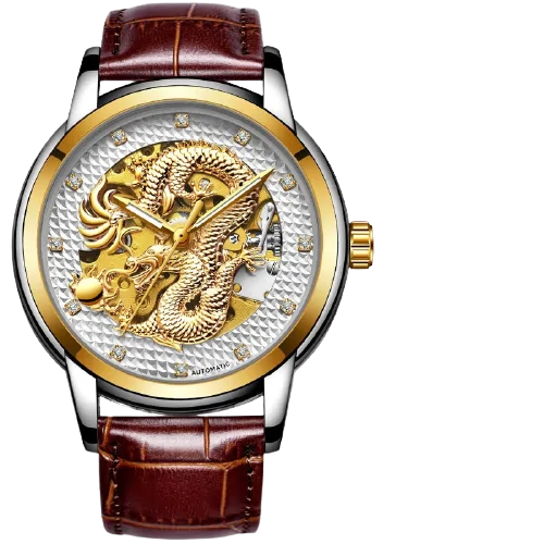 Two-tone wristwatch with a brown leather strap, gold bezel and crown, and a textured silver dial featuring a gold dragon skeleton design and crystal hour markers.