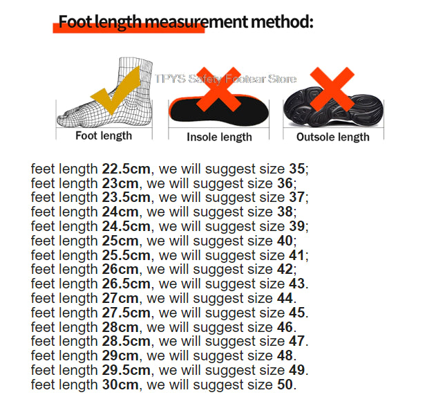 Steel Toe Athletic Safety Sneakers Size Chart