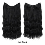 Two long wavy “halo” hair extension pieces in jet black, shown front and back with a clear wire and clip attachments, on a white background labeled “Jet Black.