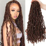 Side-by-side image showing a woman wearing long brown faux locs with lighter highlights (left) and a matching bundle of brown dreadlock hair extensions being held up by a hand on a white background (right).