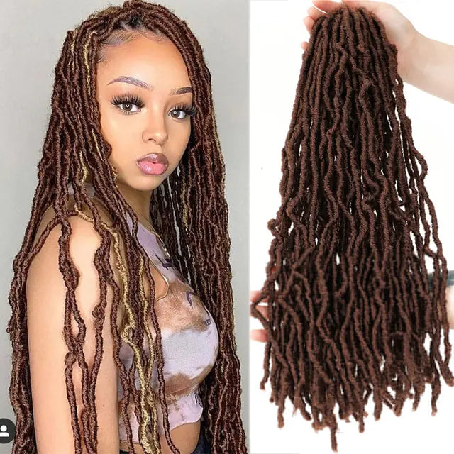 Side-by-side image showing a woman wearing long brown faux locs with lighter highlights (left) and a matching bundle of brown dreadlock hair extensions being held up by a hand on a white background (right).
