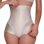 A beige high-waisted shapewear brief designed for tummy control and waist shaping. It features a structured front zipper closure, contour seam panels, and a full-coverage fit that smooths the midsection and hips. The firm compression design makes it suitable for postpartum support, body sculpting, or wearing discreetly under fitted clothing.