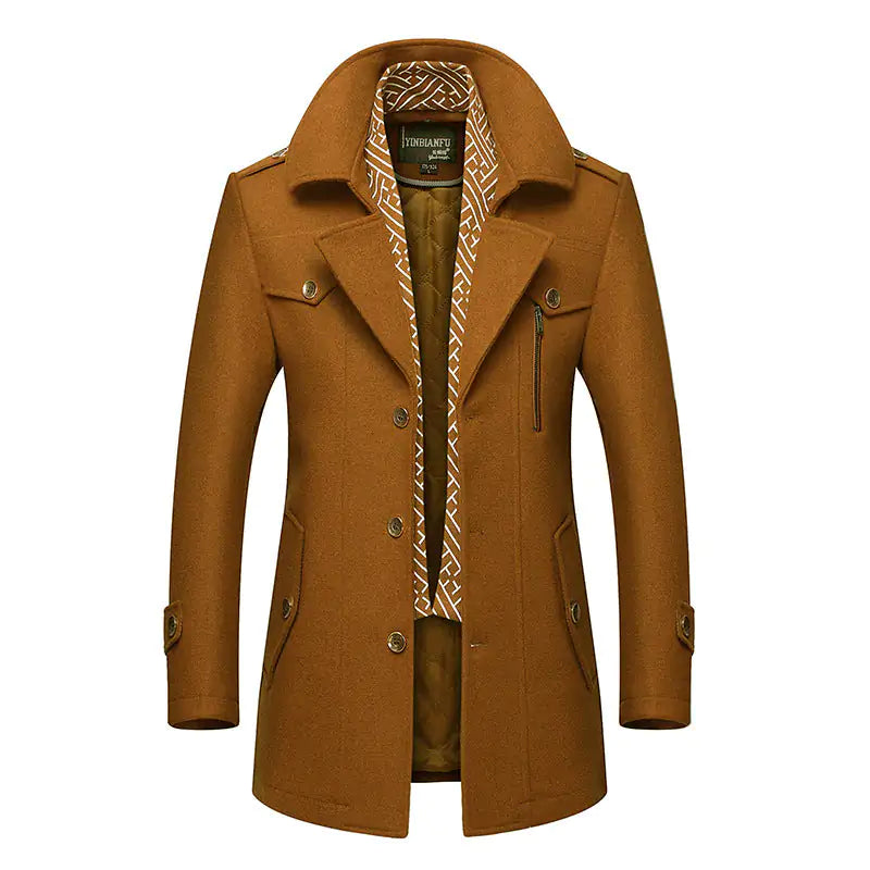 Camel brown tailored coat with notched lapels, button front, flap and zip chest pockets, cuff straps and patterned inner trim.
