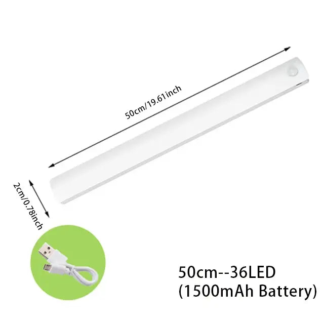 White rechargeable LED light bar shown on a white background with labeled dimensions (50 cm/19.6 in long, 2 cm/0.78 in wide), a small inset showing a USB charging cable, and text reading “50cm--36LED (1500mAh Battery)”.