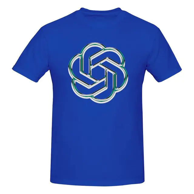 Blue T-shirt with a large centered interlocking knot-style logo in white with teal outline.