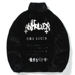Black plush jacket with white gothic lettering on the back.
