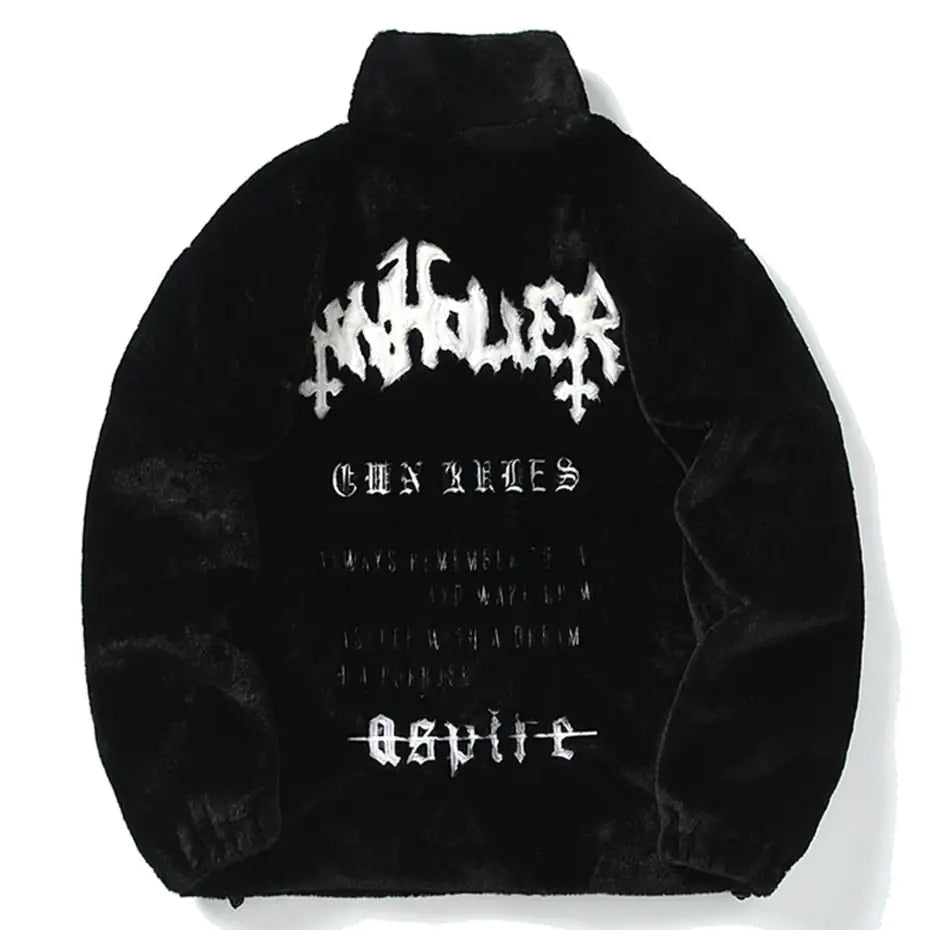 Black plush jacket with white gothic lettering on the back.
