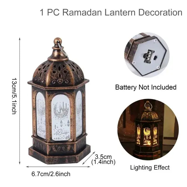 A bronze-style Ramadan lantern decoration with decorative cutout details and printed side panels, shown with its dimensions, battery compartment, and illuminated lighting effect.