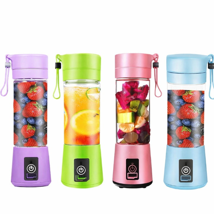 Four colorful portable blenders with fruit patterns on a white background