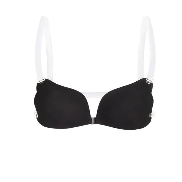 Black-colored adhesive bra inserts with a lace-up drawstring center, shown in smooth and perforated versions on a white background.