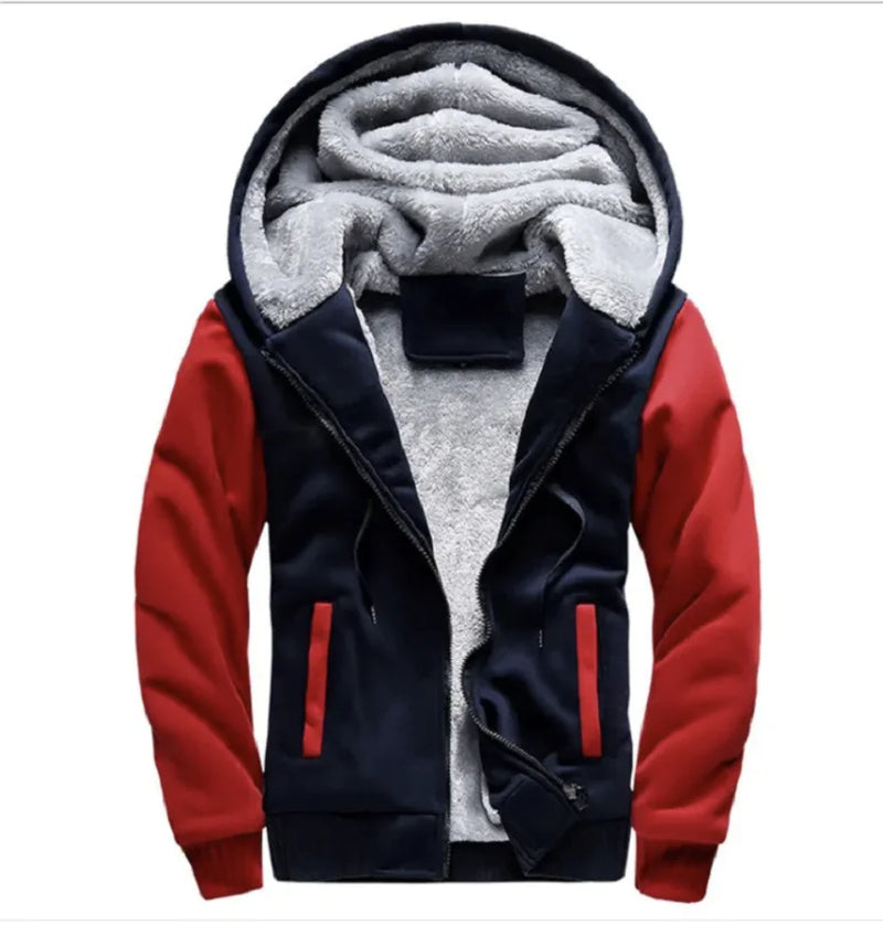 A stylish two-tone hoodie with a navy blue body and red sleeves, featuring a thick, plush gray fleece lining for warmth. The hood is large and lined with the same soft material, and the jacket includes a full-length zipper and two front pockets with red accents. Designed for cold weather comfort.