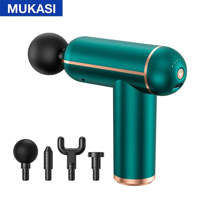 Handheld teal massage gun with a black round head attachment, shown with four interchangeable massage heads on a white background and “MUKASI” label in the corner.