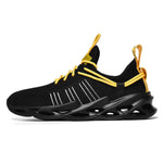 A black futuristic athletic sneaker with glossy and mesh paneling, lace-up closure, and gray cage-like side detailing. The shoe features red accents on the toe, outsole, and “SPORT” text, along with a bold sculpted sole with fin-like ridges and a modern performance-inspired silhouette.