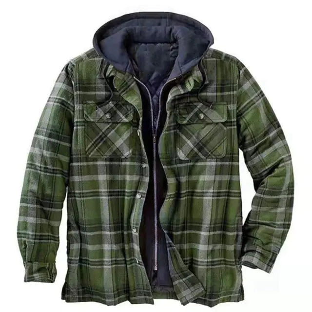 Green checked hooded flannel jacket with quilted lining.
