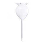 Clear glass plant watering globe with a teardrop-shaped reservoir and long stem, designed for slow-release irrigation in potted plants.