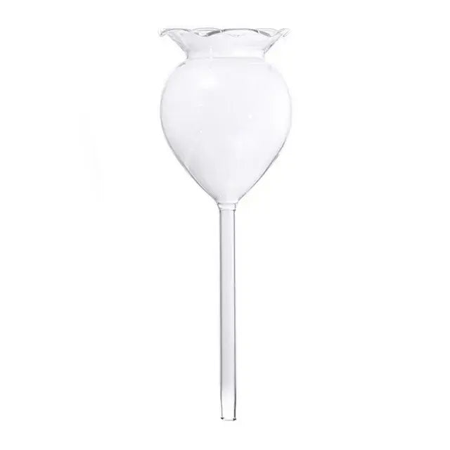 Clear glass plant watering globe with a teardrop-shaped reservoir and long stem, designed for slow-release irrigation in potted plants.
