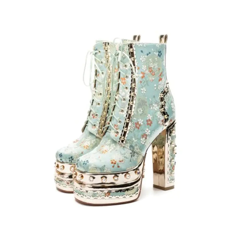 Floral Embellished Platform Ankle Boots