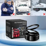 Promotional image for a “Mini Portable Kinetic Heater” showing a small black spring-shaped heater beside its box, with three snowy scenes above (a person shivering, a snow-covered car, and a snowed-in building) each marked with a red X.
