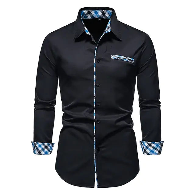 Men’s black long-sleeve button-up shirt with blue and white check trim on the collar, cuffs, button placket, and chest pocket.
