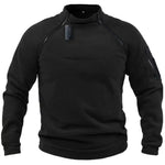 A long-sleeve fleece pullover with zipper detailing on the shoulders and a zippered pocket on the left sleeve.