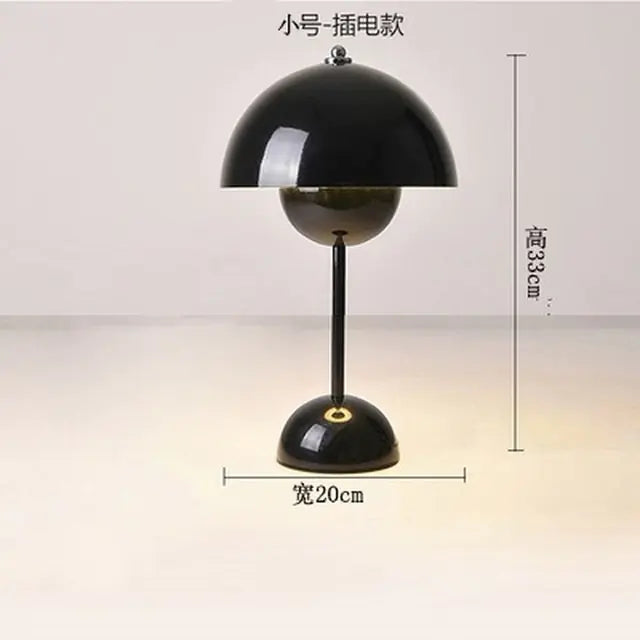 Product image of a small dome-shaped table lamp in light black with Chinese text; dimensions shown as 33 cm tall and 20 cm wide.