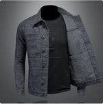 photo of mens grey jacket worn over a black t-shirt