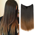 Split image showing long straight dark brown hair with light brown ombré ends on a model, alongside a matching straight hair extension/weft in the same gradient color on a white background.
