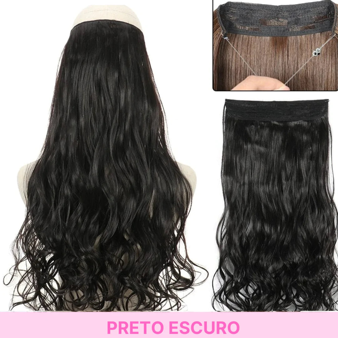 Collage of a long, wavy dark-black halo hair extension shown on a mannequin head, plus close-up views of the wire/mesh band attachment; text at the bottom reads “PRETO ESCURO” (dark black).