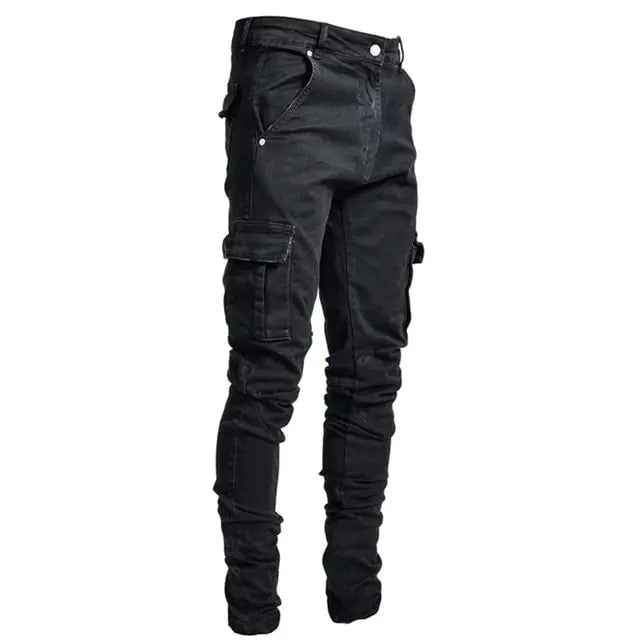 A pair of light blue denim cargo jeans with a rugged, distressed design. The jeans feature multiple pockets, including large side cargo pockets with flap closures, front and back pockets, and subtle distressed details. The slim-fit design tapers towards the ankles, with a slightly ruched effect at the bottom hems for a modern, streetwear-inspired look