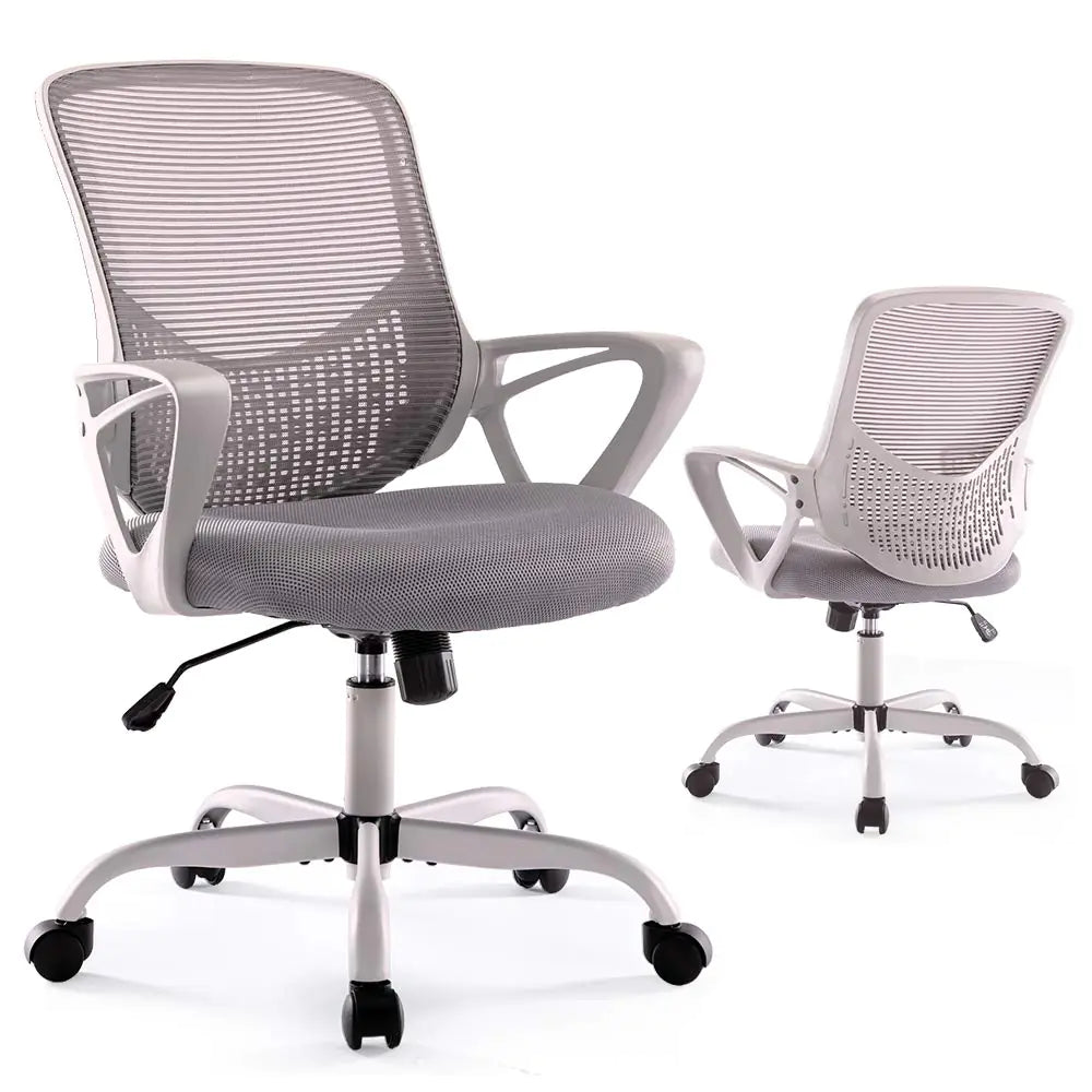 Gray office chair with mesh back and armrests on a white background