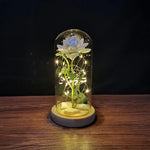Artificial white rose inside a glass dome, wrapped with warm string lights on a wooden base, displayed on a table against a dark background.