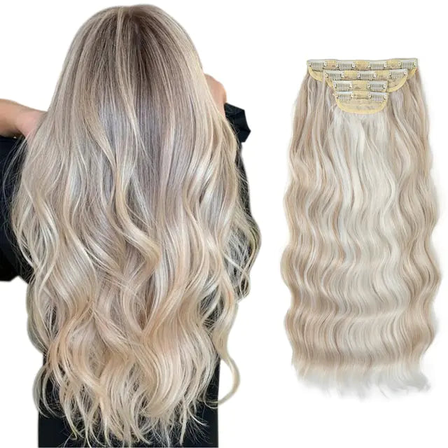 Platinum-blonde wavy clip-in hair extensions shown on a model from the back, with a separate view of the multi-clip weft set on a white background.