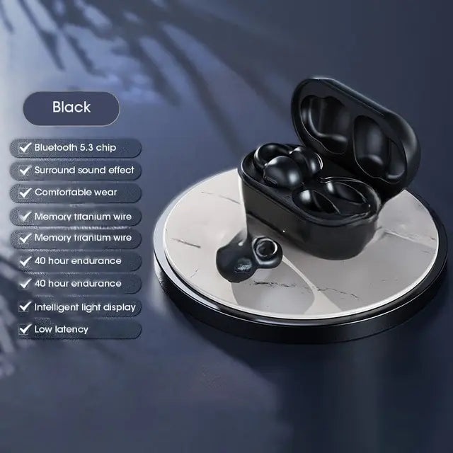 Black wireless earbuds with an open charging case displayed on a round platform, with on-image feature list including “Bluetooth 5.3 chip,” “surround sound,” “comfortable wear,” “40 hour endurance,” “intelligent light display,” and “low latency.