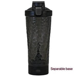 A tall black shaker bottle with a flip-top lid and textured, dimpled body, shown on a white background with the label “Separable base” indicating a detachable bottom section.