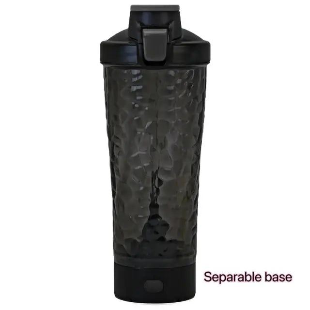 A tall black shaker bottle with a flip-top lid and textured, dimpled body, shown on a white background with the label “Separable base” indicating a detachable bottom section.
