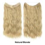 Two long, wavy clip-in hair extension pieces in a light “natural blonde” shade on a white background, shown front and back with the text “Natural Blonde” underneath.