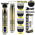 Gold-colored electric hair trimmer set with engraved metal body, shown front and back, alongside USB charging cable, cleaning brush, and four clipper guards labeled 1.5 mm, 2 mm, 3 mm, and 4 mm, plus the retail box.