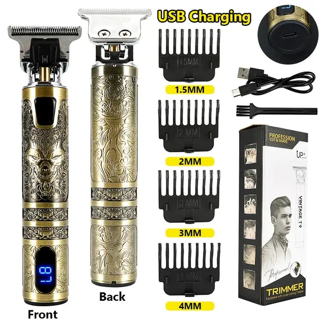 Gold-colored electric hair trimmer set with engraved metal body, shown front and back, alongside USB charging cable, cleaning brush, and four clipper guards labeled 1.5 mm, 2 mm, 3 mm, and 4 mm, plus the retail box.