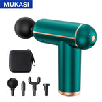 Teal-and-gold handheld massage gun with a black round ball head, shown with a small black carrying case and four interchangeable attachment heads on a white background; “MUKASI” label at the top.
